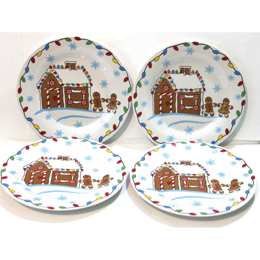 My Christmas Gingerbread House Dinner Plates 10" Stoneware White Green Red Lot 4